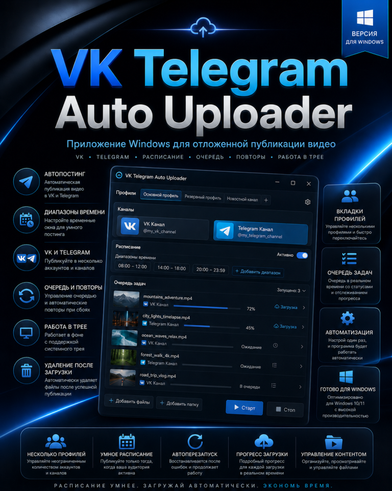 VK, Telegram Auto Uploader — локальная программа для ручной и автоматической загрузки видео во ВКонтакте.